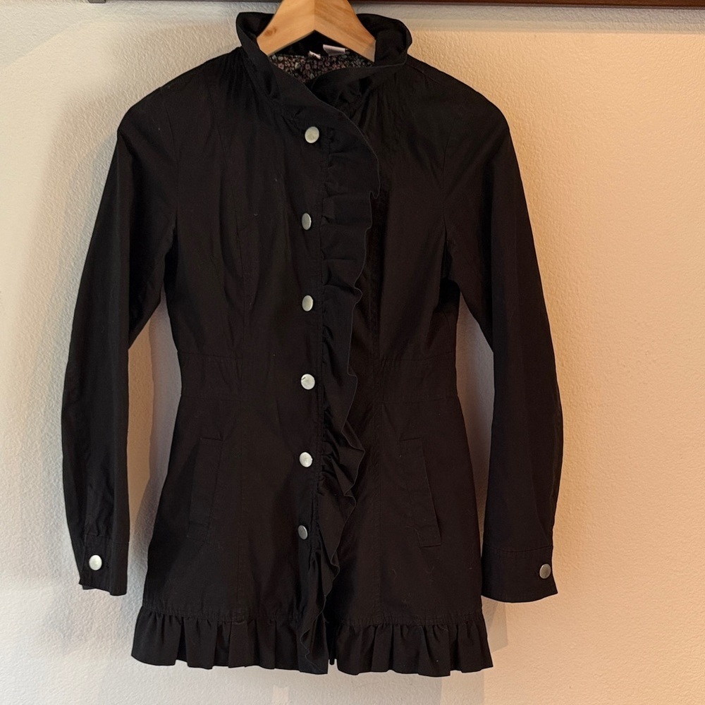 Stella Starr Ruffled Lightweight Cotton Trench Utilty Jacket Coat, Black, Size S